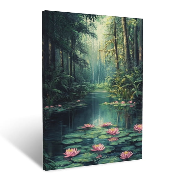 CozyNet Serene Forest Pond Surrounded By Dense Ferns And Blooming Water Lilies Wall Art Prints With Frame Canvas Perfect for Living Room & Bedroom, Ready to Hang, Wall Decor 16"x20"in