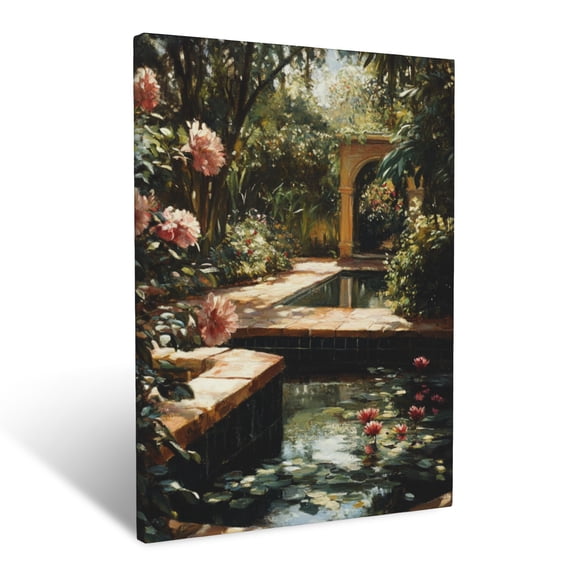 CozyNet Serene Garden Reflecting Pool Surrounded By Blooming Flora Wall Art Prints With Frame Canvas Perfect for Living Room & Bedroom, Ready to Hang, Wall Decor 16"x20"in