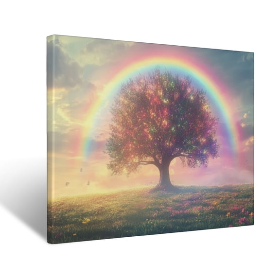 CozyNet Serene Glowing Rainbow Encircling A Radiant Tree Of Life In Peaceful Fields Wall Art Prints With Frame Canvas Perfect for Living Room & Bedroom, Ready to Hang, Wall Decor 12"x16"
