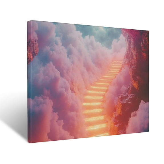 CozyNet Serene Glowing Staircase Ascending Into Soft Radiant Clouds, Leading To Heaven Wall Art Prints With Frame Canvas Perfect for Living Room & Bedroom, Ready to Hang, Wall Decor 12"x16"