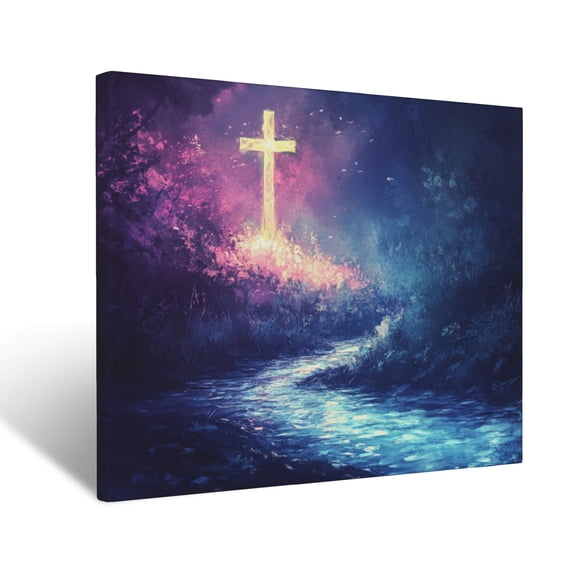 CozyNet Serene Glowing Stream Flowing Toward A Vibrant Cross In The Distance Wall Art Prints With Frame Canvas Perfect for Living Room & Bedroom, Ready to Hang, Wall Decor 12"x16"