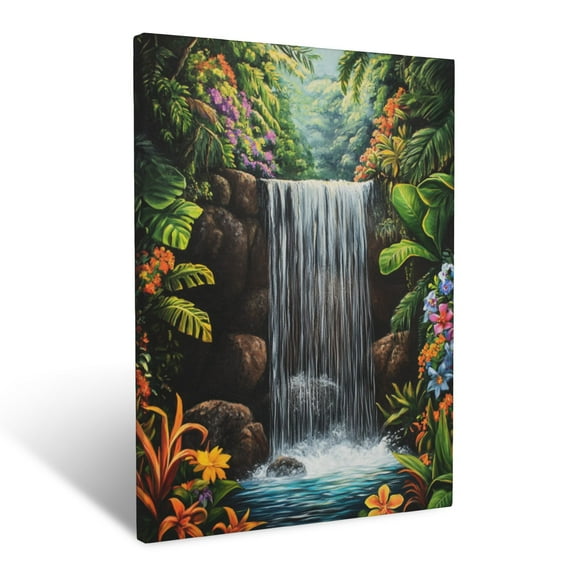 CozyNet Serene Hidden Rainforest Waterfall Surrounded By Vibrant Foliage And Vivid Flowers Wall Art Prints With Frame Canvas Perfect for Living Room & Bedroom, Ready to Hang, Wall Decor 12"x16"in
