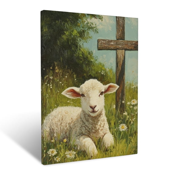 CozyNet Serene Lamb Resting Under The Shadow Of A Cross In A Green Meadow Pure Innocence Wall Art Prints With Frame Canvas Perfect for Living Room & Bedroom, Ready to Hang, Wall Decor 16"x20"
