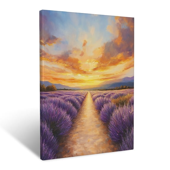 CozyNet Serene Lavender Path Stretching Under Expansive Golden Sunset Skies And Pastel Hues Wall Art Prints With Frame Canvas Perfect for Living Room & Bedroom, Ready to Hang, Wall Decor 12"x16"in