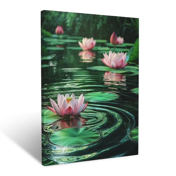 CozyNet Serene Lotus Pond With Lush Green Pads, Peaceful Water Ripples & Floral Reflections Wall Art Prints With Frame Canvas Perfect for Living Room & Bedroom, Ready to Hang, Wall Decor 12"x16"in