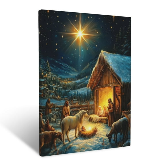 CozyNet A Serene Nativity Scene Glowing Under A Bright Star, Surrounded By Calm Shepherds And Animals Wall Art Prints With Frame Canvas Perfect for Living Room & Bedroom, Wall Decor 12"x16"