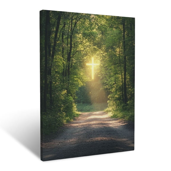 CozyNet Serene Path Through Woods Cross Glowing Ahead Under Canopy Of Peaceful Trees Wall Art Prints With Frame Canvas Perfect for Living Room & Bedroom, Ready to Hang, Wall Decor 12"x16"