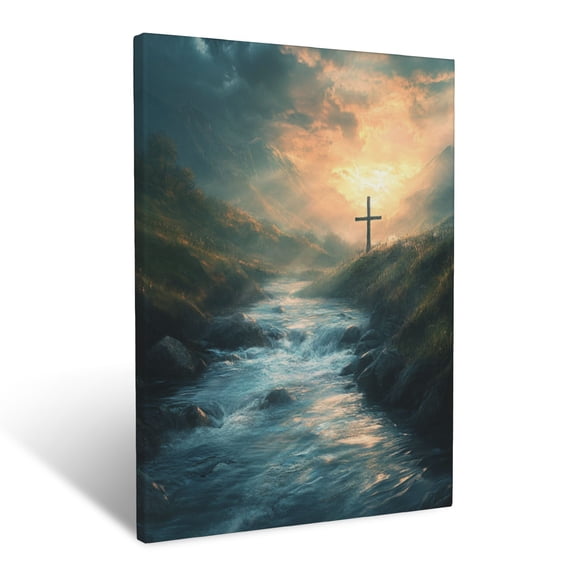 CozyNet Serene River Flowing Through A Valley, Cross In The Distance Illuminated By Sunlight Wall Art Prints With Frame Canvas Perfect for Living Room & Bedroom, Ready to Hang, Wall Decor 12"x16"