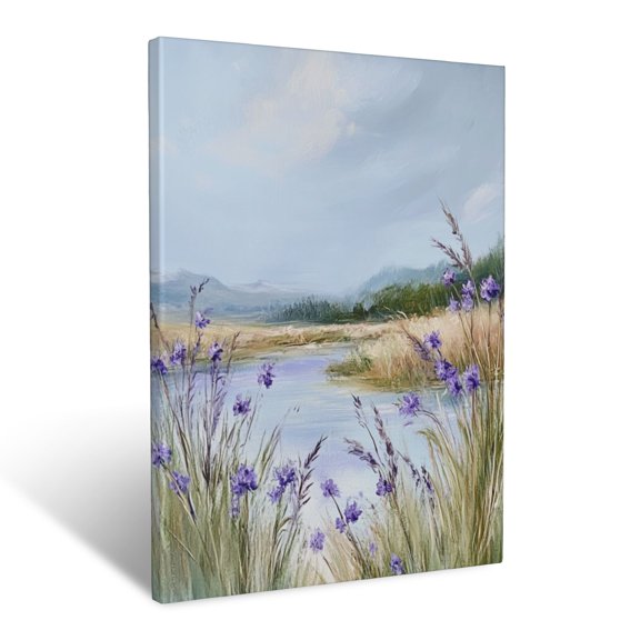 CozyNet Serene Riverside Landscape With Wild Violets And Tall Grasses Swaying Wall Art Prints With Frame Canvas Perfect for Living Room & Bedroom, Ready to Hang, Wall Decor 12"x16"in