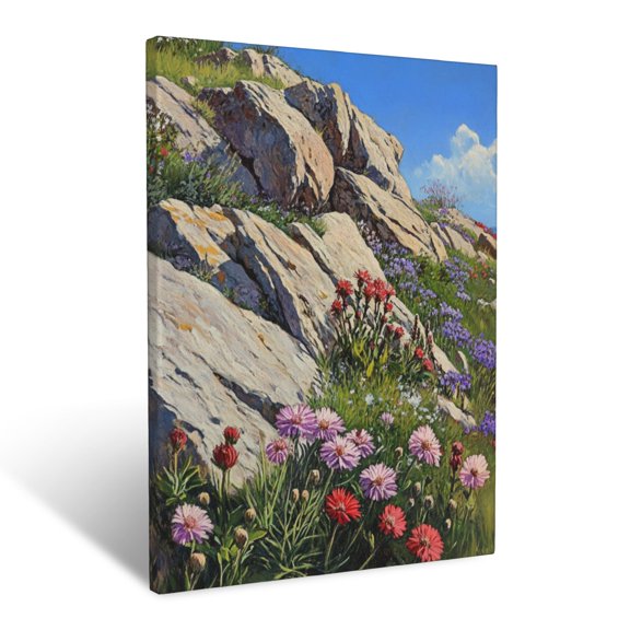 CozyNet Serene Rocky Hillside Filled With Wild Geraniums And Asters Wall Art Prints With Frame Canvas Perfect for Living Room & Bedroom, Ready to Hang, Wall Decor 12"x16"in