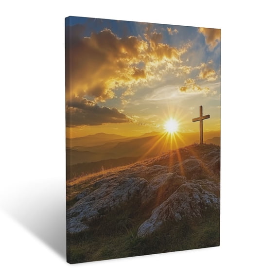 CozyNet A Serene Sunrise Over A Cross At The Top Of A Rocky Hill Wall Art Prints With Frame Canvas Perfect for Living Room & Bedroom, Ready to Hang, Wall Decor 12"x16"