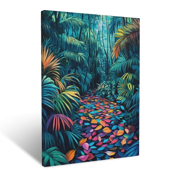 CozyNet Serene Tropical Forest Floor With Fallen Petals, Dense Foliage & Vivid Hues Wall Art Prints With Frame Canvas Perfect for Living Room & Bedroom, Ready to Hang, Wall Decor 12"x16"in