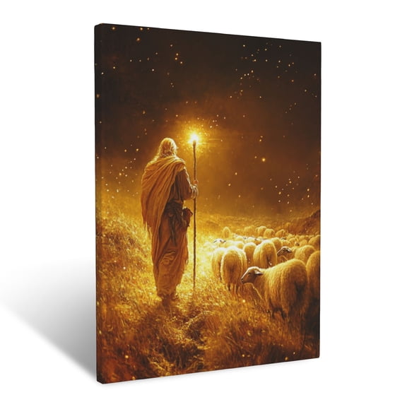 CozyNet Shepherd Holding A Glowing Staff Guiding Sheep In A Golden Field Care & Faith Eternal Wall Art Prints With Frame Canvas Perfect for Living Room & Bedroom, Ready to Hang, Wall Decor 12"x16"