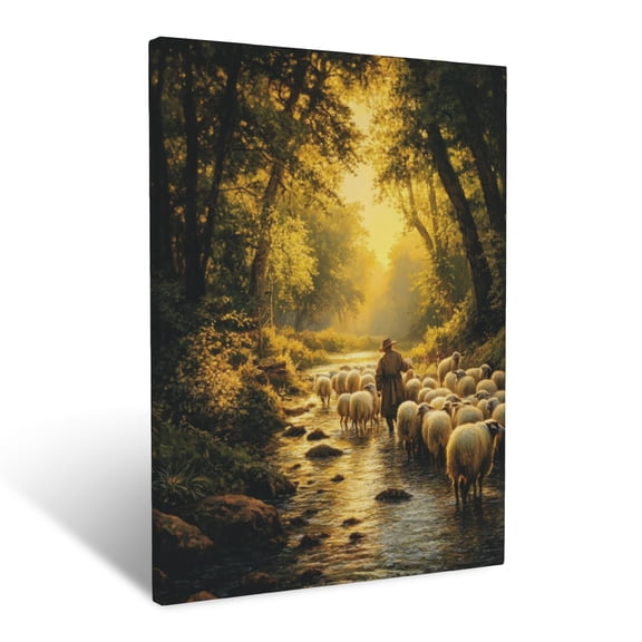 CozyNet Shepherd Leading Sheep To Water Serene Stream Glowing Under Soft Sunlight Wall Art Prints With Frame Canvas Perfect for Living Room & Bedroom, Ready to Hang, Wall Decor 16"x20"