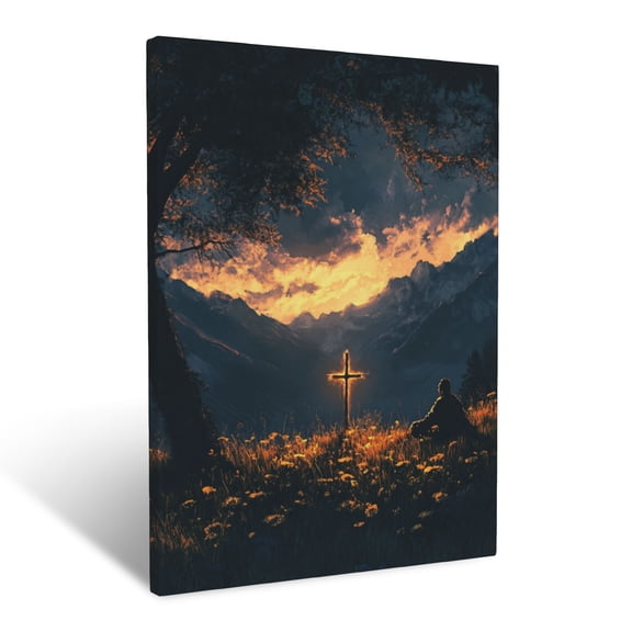 CozyNet Shepherd Resting Under Glowing Cross Peaceful Meadow Filled With Divine Warmth Wall Art Prints With Frame Canvas Perfect for Living Room & Bedroom, Ready to Hang, Wall Decor 12"x16"