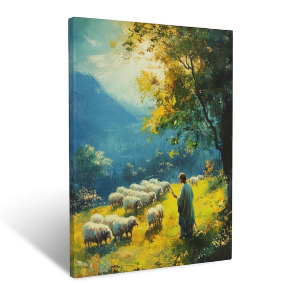 CozyNet Shepherd Tending Sheep A Peaceful Figure In A Field, Symbolizing Care & Divine Guidance Wall Art Prints With Frame Canvas Perfect for Living Room & Bedroom, Ready to Hang, Wall Decor 16"x20"