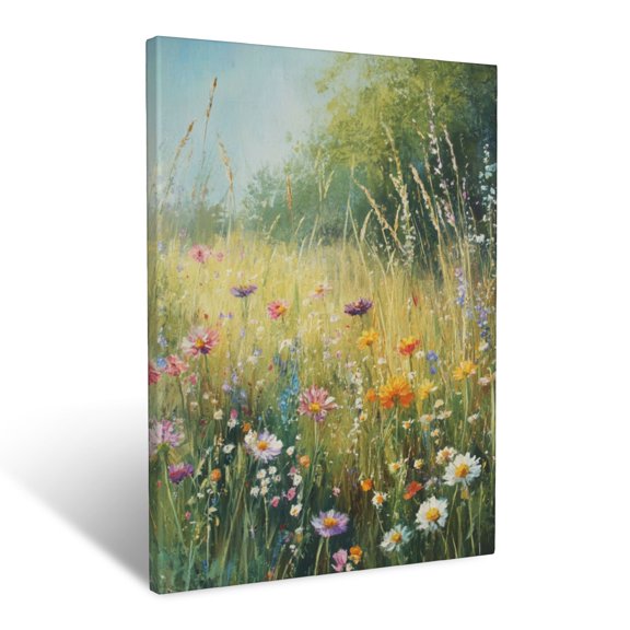 CozyNet Soft Focus Meadow Scene Filled With Bright Sunlit Wildflowers & Tall Grasses Wall Art Prints With Frame Canvas Perfect for Living Room & Bedroom, Ready to Hang, Wall Decor 12"x16"in