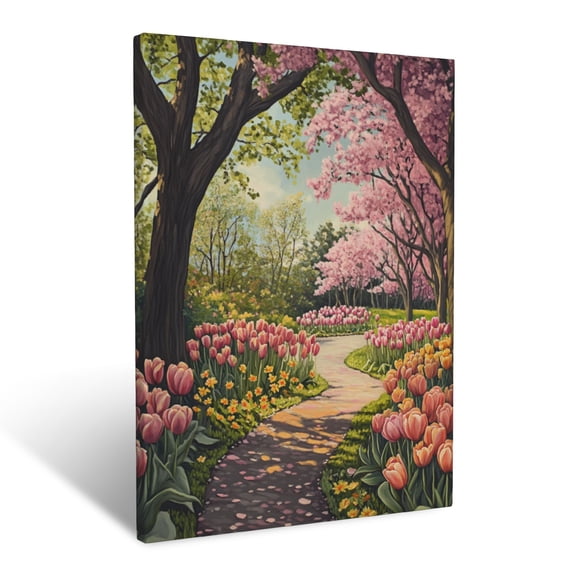 CozyNet Spring Garden Scene Filled With Tulips & Blossoming Cherry Trees Wall Art Prints With Frame Canvas Perfect for Living Room & Bedroom, Ready to Hang, Wall Decor 16"x20"in