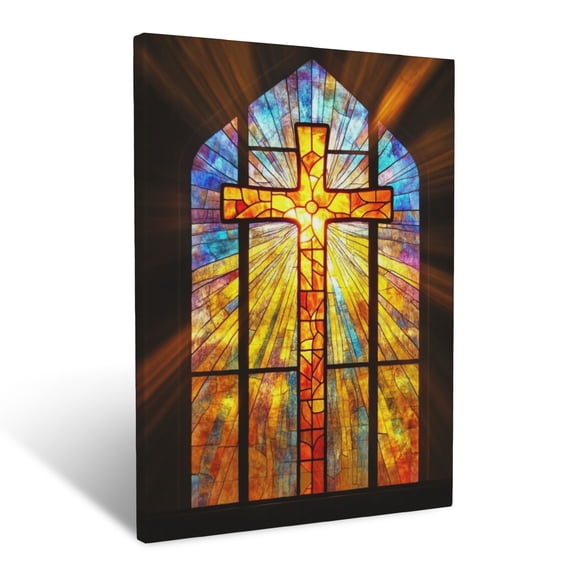CozyNet Stained Glass Window Of A Church Detailed Cross & Radiant Heavenly Light Wall Art Prints With Frame Canvas Perfect for Living Room & Bedroom, Ready to Hang, Wall Decor 12"x16"