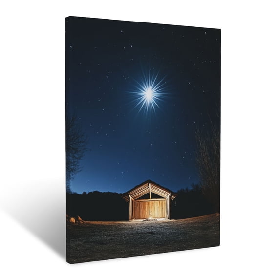 CozyNet The Star Of Bethlehem Shining Brightly Over The Silhouette Of The Manger At Night Wall Art Prints With Frame Canvas Perfect for Living Room & Bedroom, Ready to Hang, Wall Decor 16"x20"