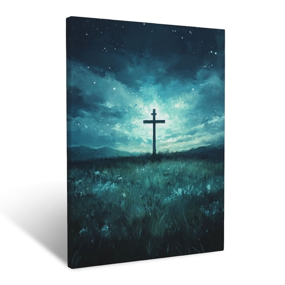 CozyNet Starlit Cross In Vast Field Peaceful Night Glowing With Divine Eternal Light Wall Art Prints With Frame Canvas Perfect for Living Room & Bedroom, Ready to Hang, Wall Decor 12"x16"
