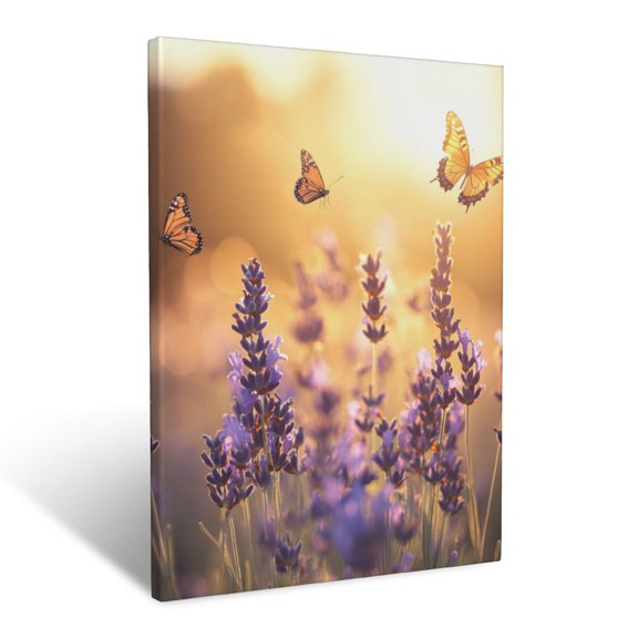 CozyNet Subtle Field Of Lavender With Fluttering Butterflies Under Warm, Golden Sunlight Wall Art Prints With Frame Canvas Perfect for Living Room & Bedroom, Ready to Hang, Wall Decor 12"x16"in