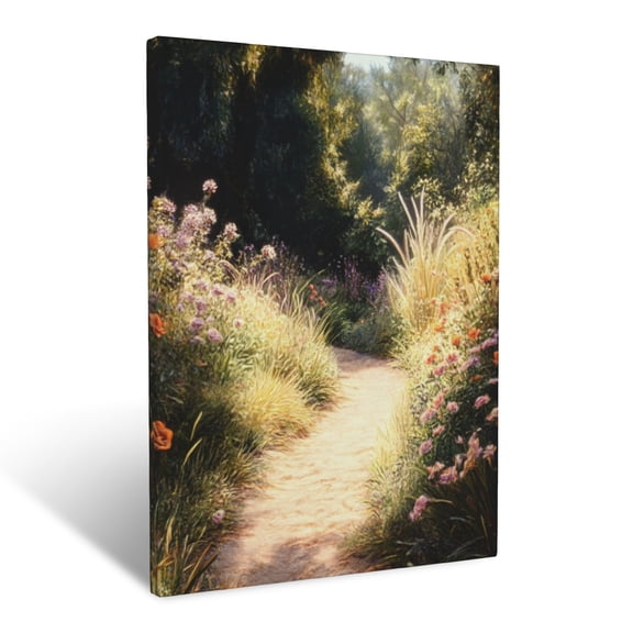 CozyNet Sun Drenched Garden Path Lined With Tall Flowering Plants And Swaying Grass Blades Wall Art Prints With Frame Canvas Perfect for Living Room & Bedroom, Ready to Hang, Wall Decor 12"x16"in