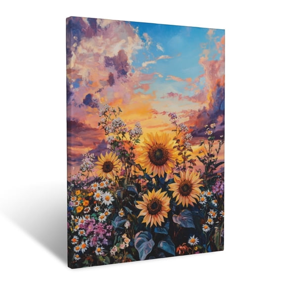 CozyNet Sunflowers And Daisies Captured Against A Sky Of Dramatic Sunset Hues Wall Art Prints With Frame Canvas Perfect for Living Room & Bedroom, Ready to Hang, Wall Decor 12"x16"in