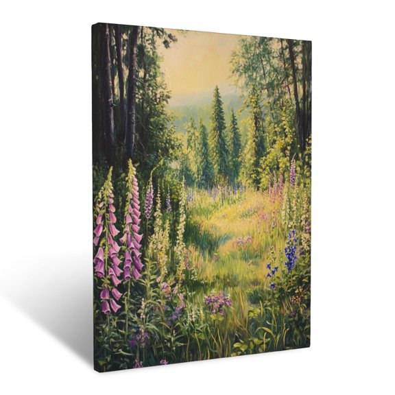 CozyNet Sunlit Forest Clearing Filled With Foxgloves, Violets, And Gentle Wild Grasses Wall Art Prints With Frame Canvas Perfect for Living Room & Bedroom, Ready to Hang, Wall Decor 16"x20"in