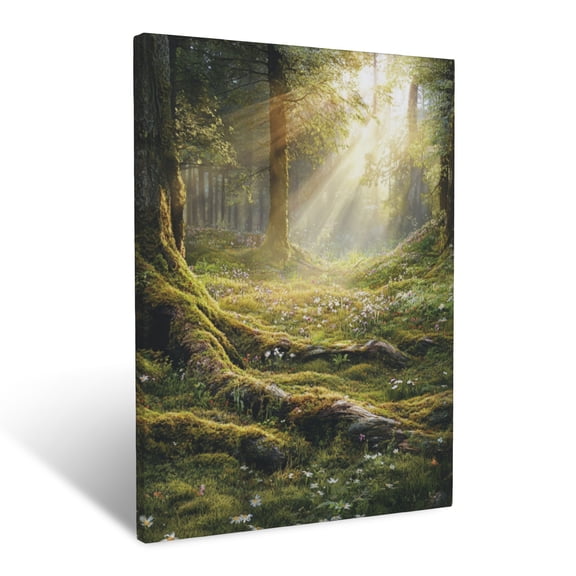 CozyNet Sunlit Forest Clearing With Moss Covered Tree Roots & Scattered Wildflowers Wall Art Prints With Frame Canvas Perfect for Living Room & Bedroom, Ready to Hang, Wall Decor 12"x16"in