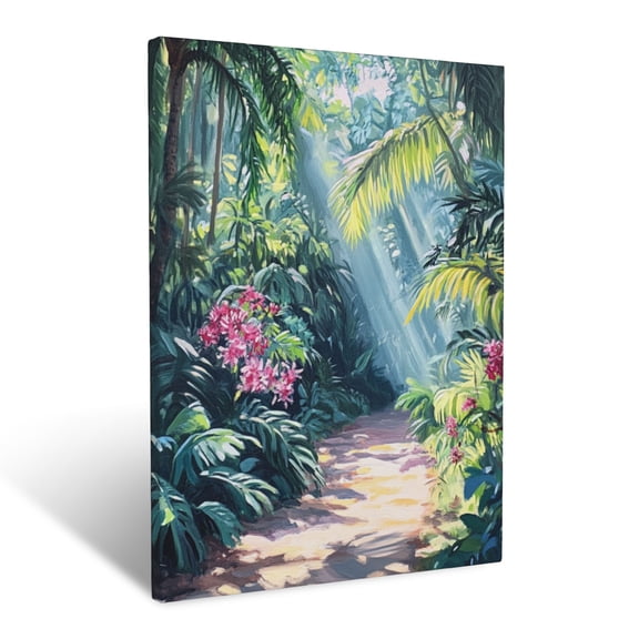 CozyNet Sunlit Jungle Path With Tropical Plants, Hanging Vines & Bright Blossoms Wall Art Prints With Frame Canvas Perfect for Living Room & Bedroom, Ready to Hang, Wall Decor 12"x16"in