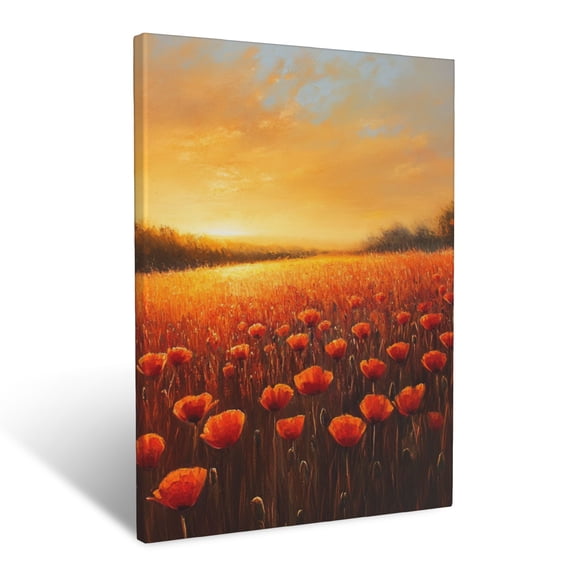 CozyNet Sunlit Poppy Field Glowing In Warm Golden Hues At Sunset Wall Art Prints With Frame Canvas Perfect for Living Room & Bedroom, Ready to Hang, Wall Decor 12"x16"in