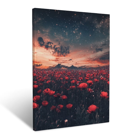 CozyNet Surreal Panoramic Field Of Wild Poppies Blending Into Starry Skies Wall Art Prints With Frame Canvas Perfect for Living Room & Bedroom, Ready to Hang, Wall Decor 12"x16"in
