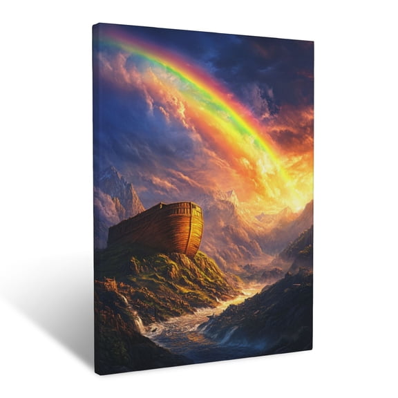 CozyNet The Ark Of Noah Resting On A Mountain As A Radiant Rainbow Stretches Across The Sky Wall Art Prints With Frame Canvas Perfect for Living Room & Bedroom, Ready to Hang, Wall Decor 16"x20"