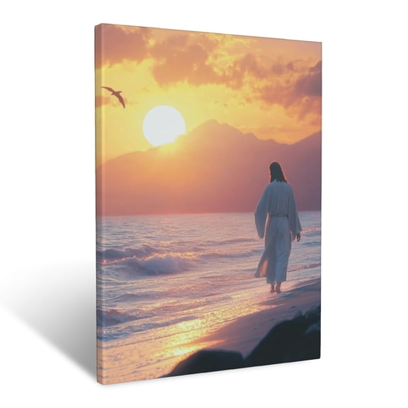 CozyNet The Calming Image Of Jesus Walking Along A Shore Under A Glowing Sunrise Wall Art Prints With Frame Canvas Perfect for Living Room & Bedroom, Ready to Hang, Wall Decor 12"x16"