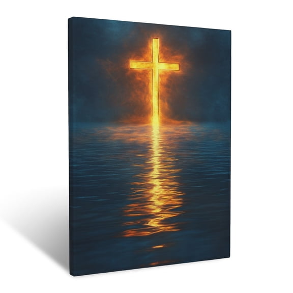CozyNet The Cross Glowing In Golden Light Above Peaceful Blue Waters Sacred Hope & Serene Divine Refl Wall Art Prints With Frame Canvas Perfect for Living Room & Bedroom, Wall Decor 12"x16"