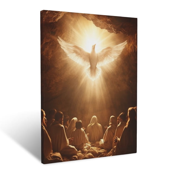 CozyNet The Holy Spirit As A Glowing Dove Descending Onto A Group In Prayer Under Light Wall Art Prints With Frame Canvas Perfect for Living Room & Bedroom, Ready to Hang, Wall Decor 16"x20"