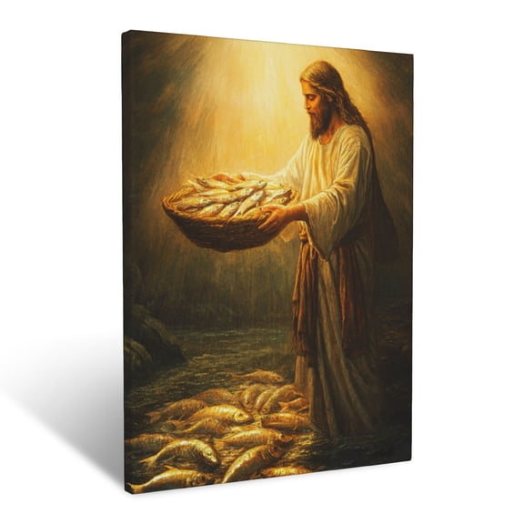 CozyNet The Miracle Of Loaves And Fishes Glowing With Blessings Of Abundance Wall Art Prints With Frame Canvas Perfect for Living Room & Bedroom, Ready to Hang, Wall Decor 12"x16"