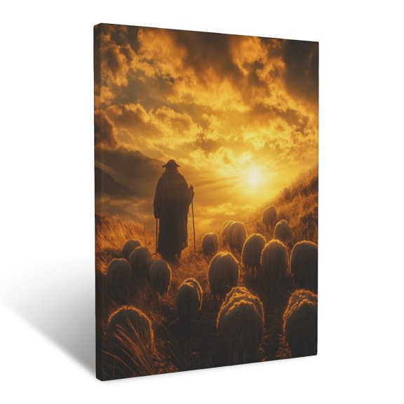 CozyNet The Shepherd Leading His Flock Under A Glowing Golden Sunset Wall Art Prints With Frame Canvas Perfect for Living Room & Bedroom, Ready to Hang, Wall Decor 12"x16"