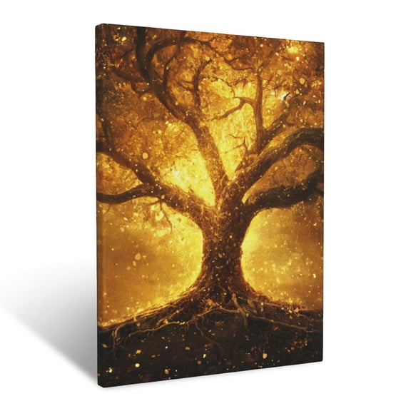 CozyNet The Tree Of Life Glowing Brightly, With Its Roots & Branches Spread Over A Golden Ground Wall Art Prints With Frame Canvas Perfect for Living Room & Bedroom, Ready to Hang, Wall Decor 12"x16"
