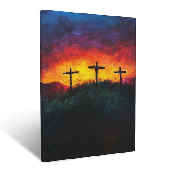 CozyNet Three Crosses At Dawn Glowing Sunrise Illuminating Hill Of Golgotha Wall Art Prints With Frame Canvas Perfect for Living Room & Bedroom, Ready to Hang, Wall Decor 12"x16"