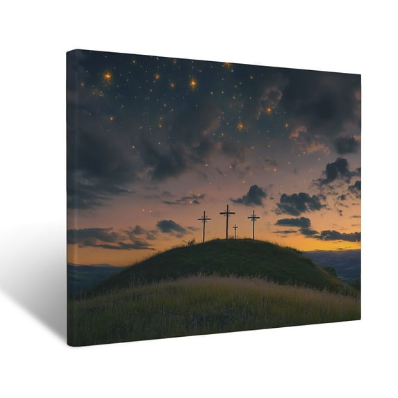 CozyNet Three Crosses On A Hill, Glowing Under A Dramatic And Holy Evening Sky Wall Art Prints With Frame Canvas Perfect for Living Room & Bedroom, Ready to Hang, Wall Decor 16"x20"