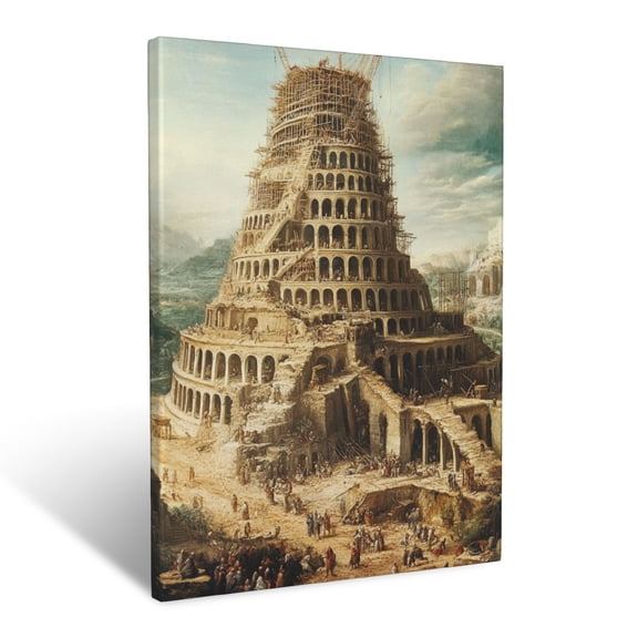 CozyNet The Tower Of Babel Under Construction Ancient Scene Of Unity & Ambition Wall Art Prints With Frame Canvas Perfect for Living Room & Bedroom, Ready to Hang, Wall Decor 12"x16"