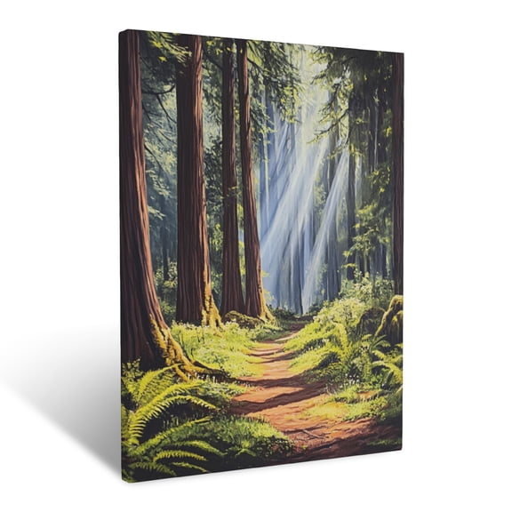 CozyNet Towering Redwood Forest Scene With Light Beams Highlighting Vibrant Moss & Ferns Wall Art Prints With Frame Canvas Perfect for Living Room & Bedroom, Ready to Hang, Wall Decor 16"x20"in