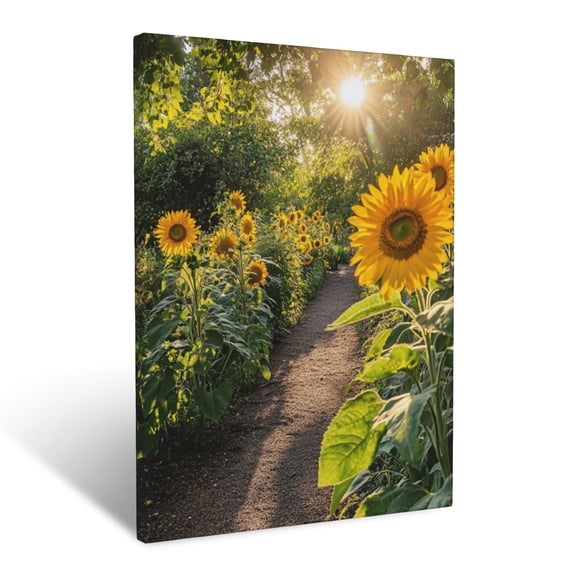 CozyNet Towering Sunflowers Casting Soft Shadows Over The Garden Path Wall Art Prints With Frame Canvas Perfect for Living Room & Bedroom, Ready to Hang, Wall Decor 12"x16"in