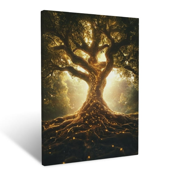 CozyNet A Tree Of Life With Glowing Roots & Branches In Soft Light Wall Art Prints With Frame Canvas Perfect for Living Room & Bedroom, Ready to Hang, Wall Decor 12"x16"