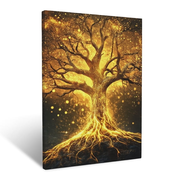 CozyNet Tree Of Life With Golden Branches Glowing Symbol Of Eternal Faith And Blessings Wall Art Prints With Frame Canvas Perfect for Living Room & Bedroom, Ready to Hang, Wall Decor 16"x20"