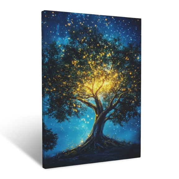CozyNet Tree Of Life Glowing In Starlit Sky Vibrant Branches Under Serene Celestial Light Wall Art Prints With Frame Canvas Perfect for Living Room & Bedroom, Ready to Hang, Wall Decor 12"x16"