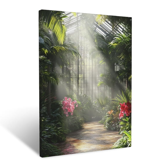 CozyNet Tropical Conservatory Scene With Lush Palms, Orchids, And Sparkling Mist Wall Art Prints With Frame Canvas Perfect for Living Room & Bedroom, Ready to Hang, Wall Decor 12"x16"in