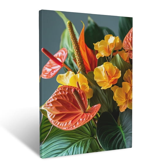 CozyNet Tropical Floral Arrangement With Vibrant Monstera And Anthurium Leaves Wall Art Prints With Frame Canvas Perfect for Living Room & Bedroom, Ready to Hang, Wall Decor 12"x16"in
